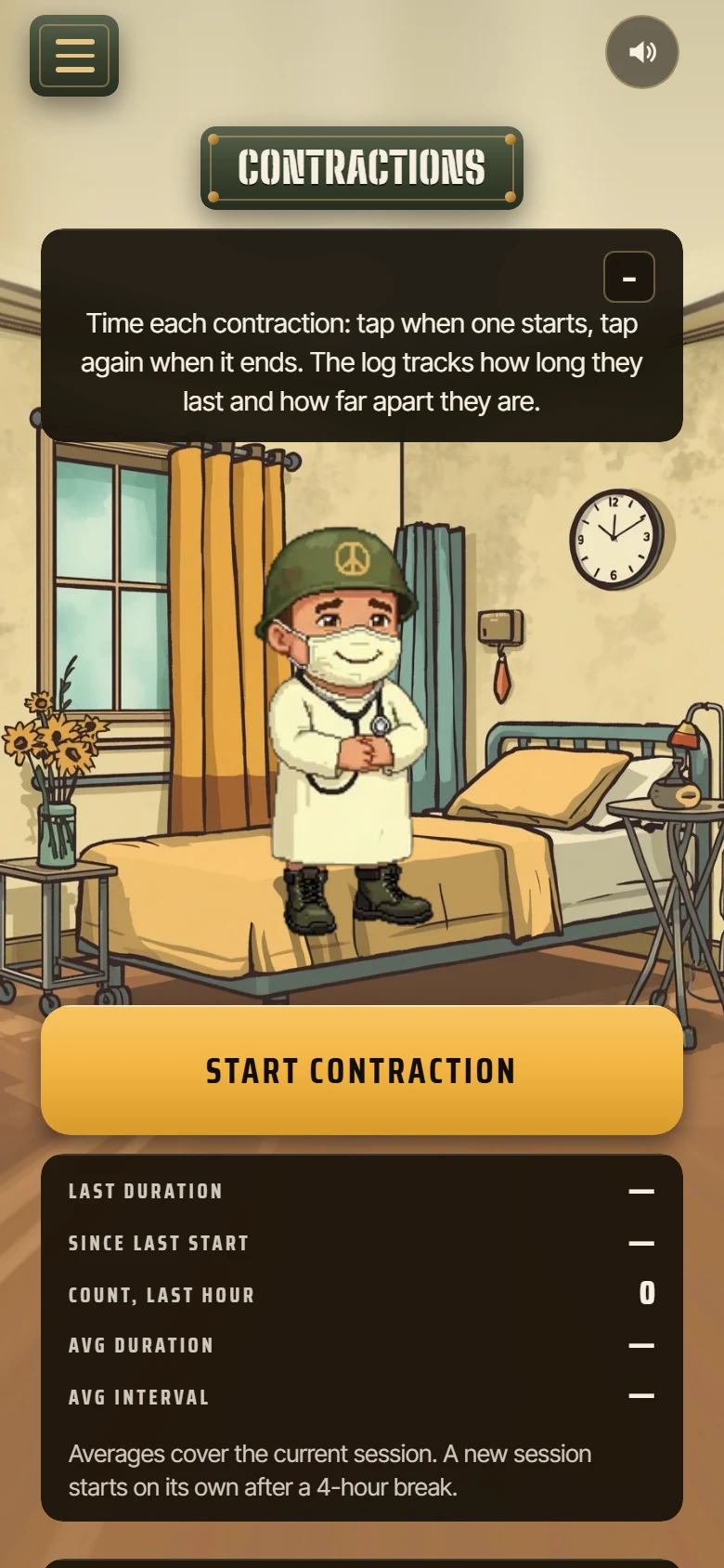 The contraction timer: one large start button above a live log