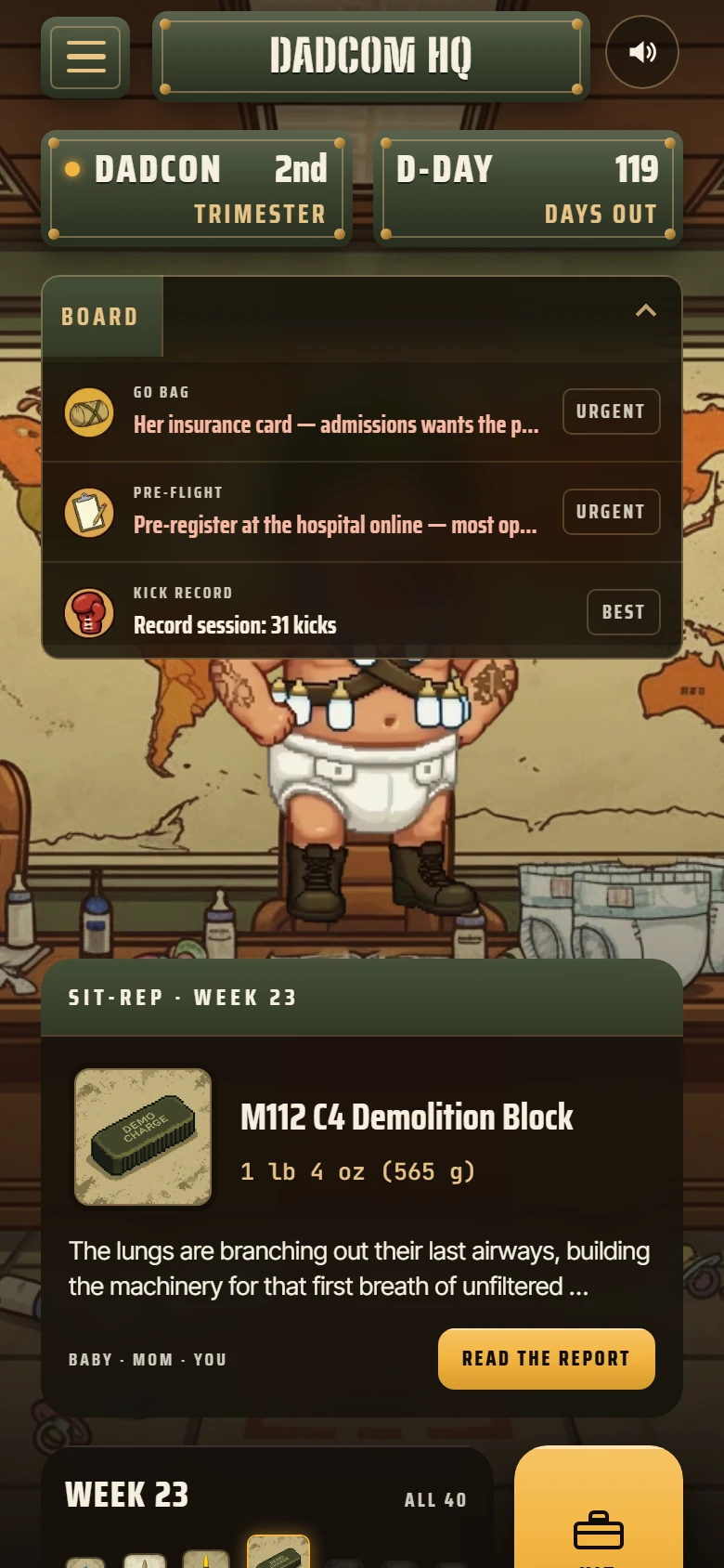 The Bullet Baby home screen: the trimester gauge, the countdown, and this week's report